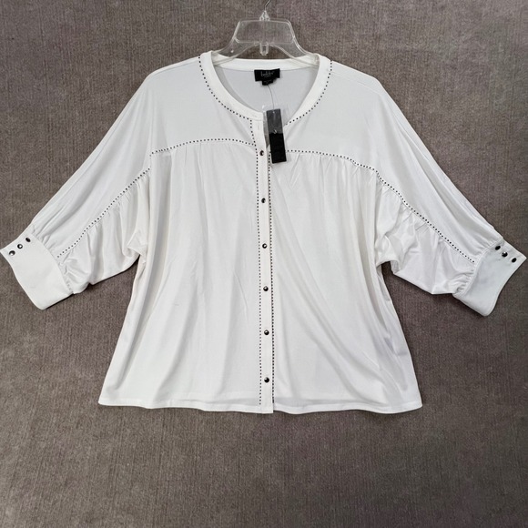 NWT Belldini Los Angeles 2X White Studded Blouse 3/4 Sleeve Button Down Plus - Picture 1 of 9